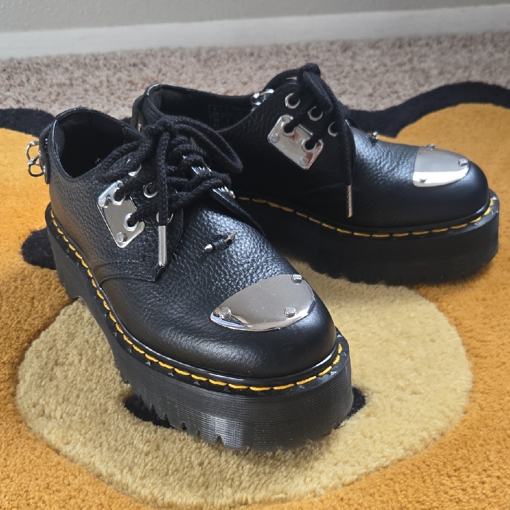 Dr. Martens Black Leather Platform Shoes with Punk Metal Hardware